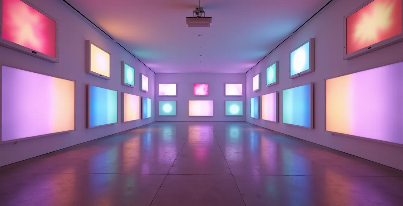 Représentation symbolique d'une salle de projection cinéma avec des écrans multiples montrant différentes époques de la vidéo musicale