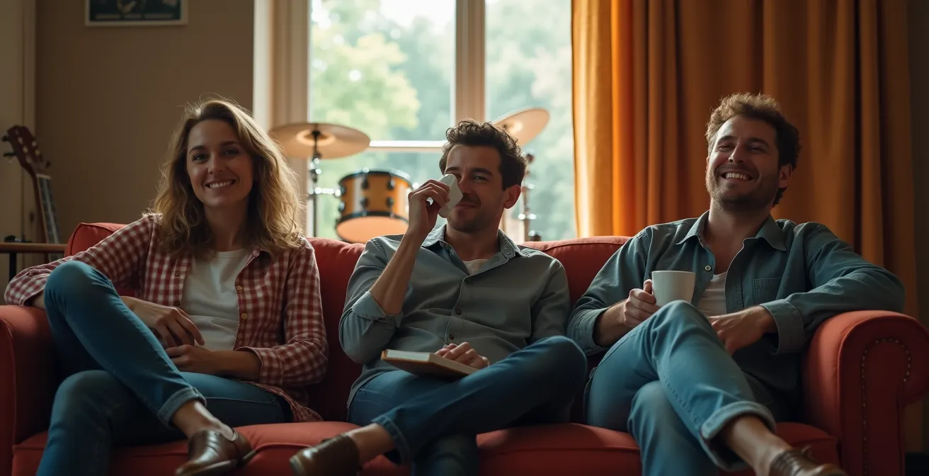 Musiciens en pause dans un studio d'enregistrement, se relaxant pour récupérer de la fatigue créative.