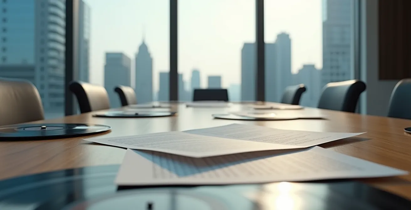 Table de négociation avec contrats musicaux et platine vinyle en arrière-plan