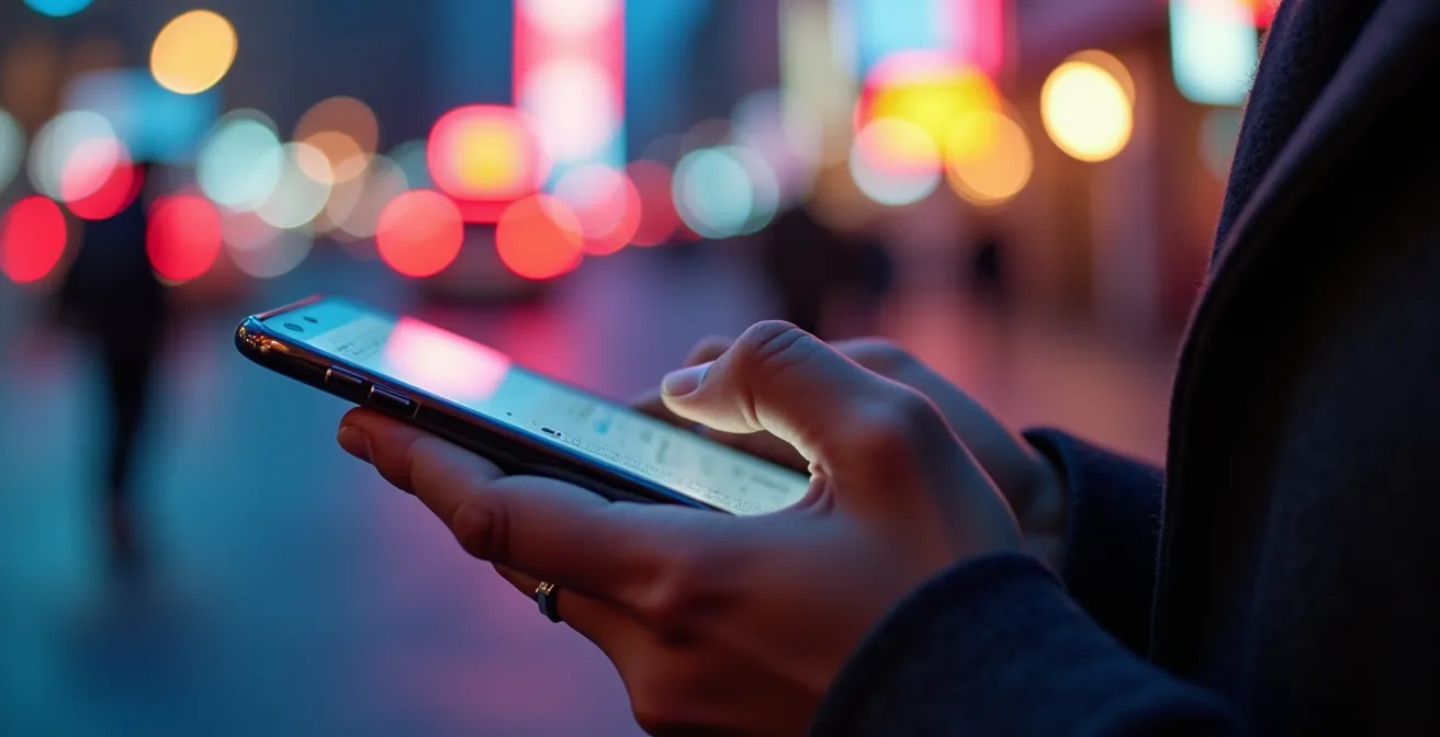 Mains tenant un smartphone montrant une carte urbaine floue avec des points de repère colorés