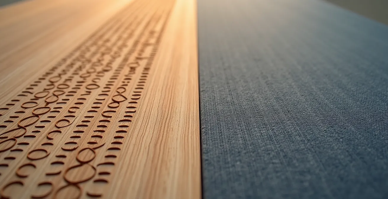 Détail macro de panneaux acoustiques en bois sculpté et tissu absorbant