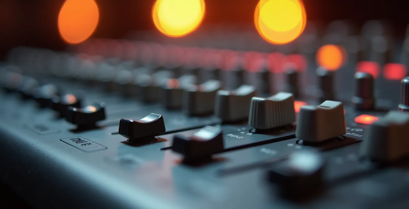 Vue macro de boutons de contrôle sur une surface de mixage avec profondeur de champ réduite