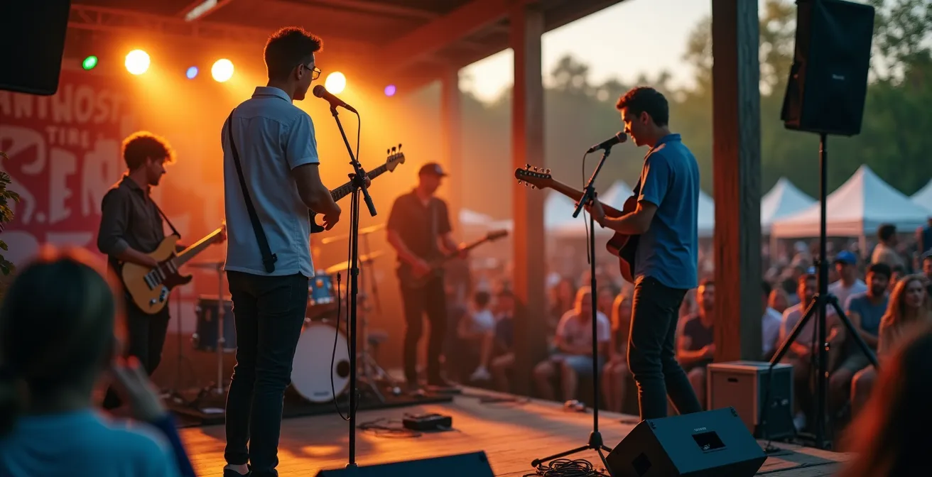 Petite scène de festival avec artistes émergents et public proche dans une ambiance intimiste