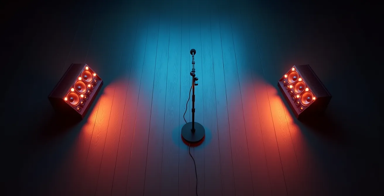 Vue aérienne montrant le placement optimal des moniteurs de scène dans les angles morts d'un microphone