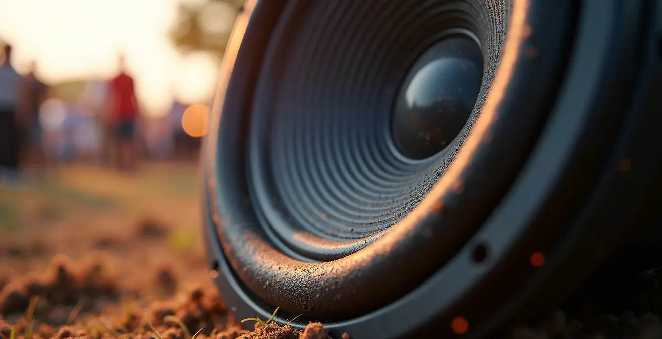 Vue macro de haut-parleurs de subwoofer avec vibrations visibles dans l'air