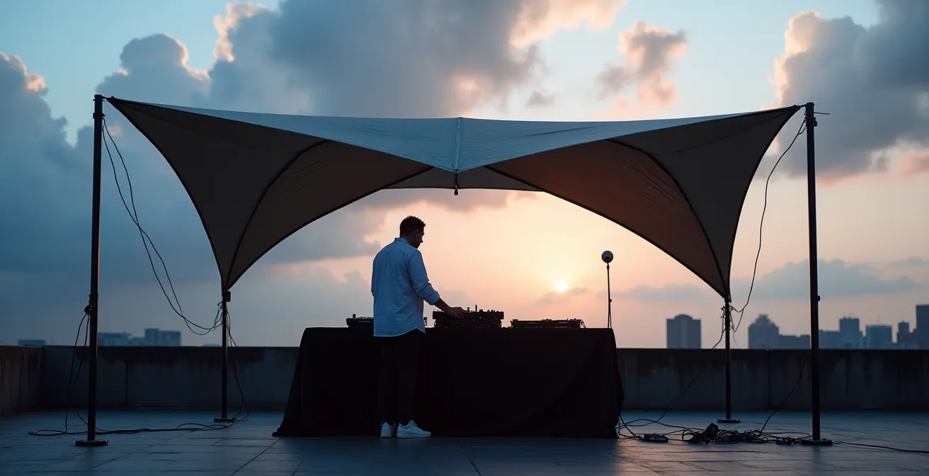 Vue minimaliste d'une installation DJ protégée sur un rooftop urbain