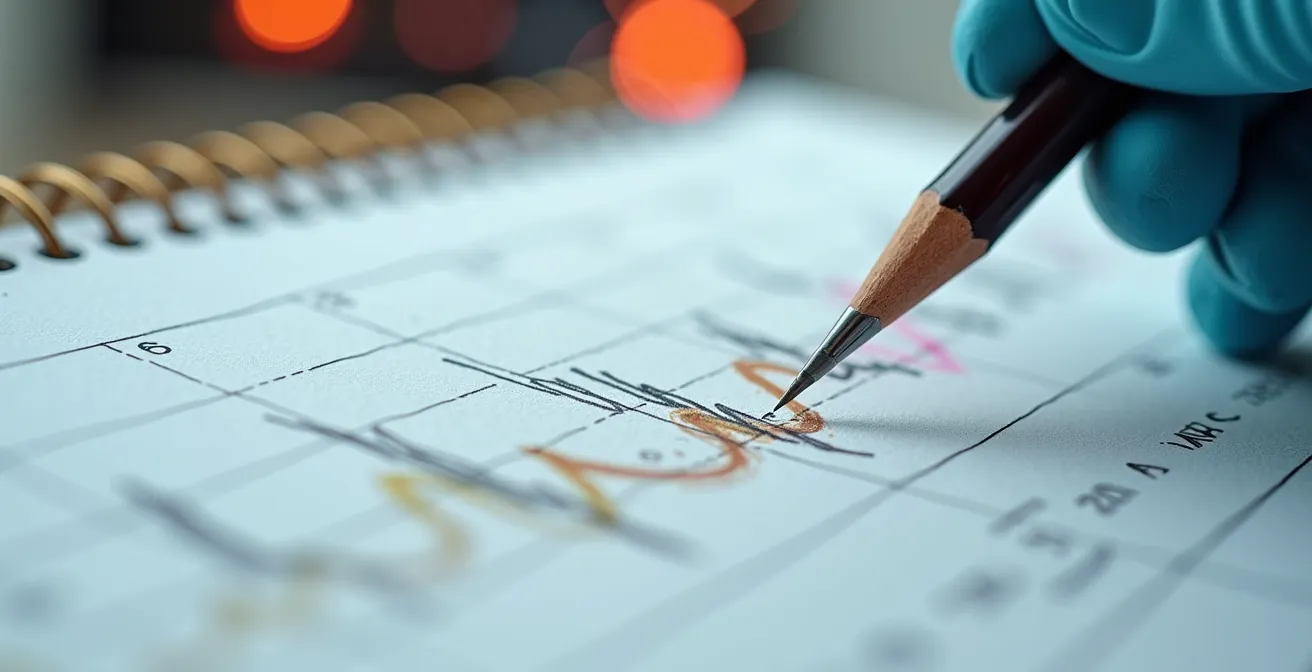 Vue macro d'un cahier de laboratoire avec protocole de test A/B/X et graphiques de mesures