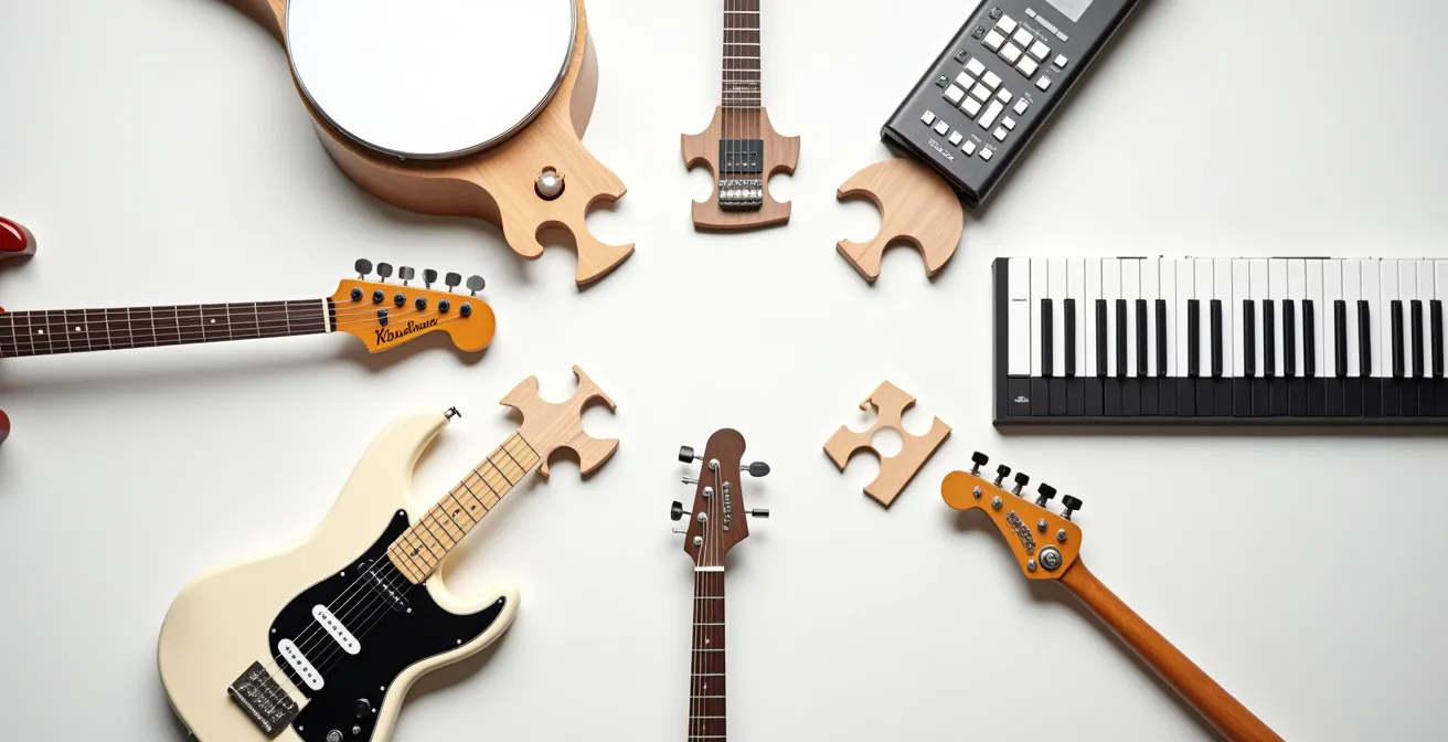 Vue aérienne minimaliste d'instruments disposés comme un puzzle sur surface claire