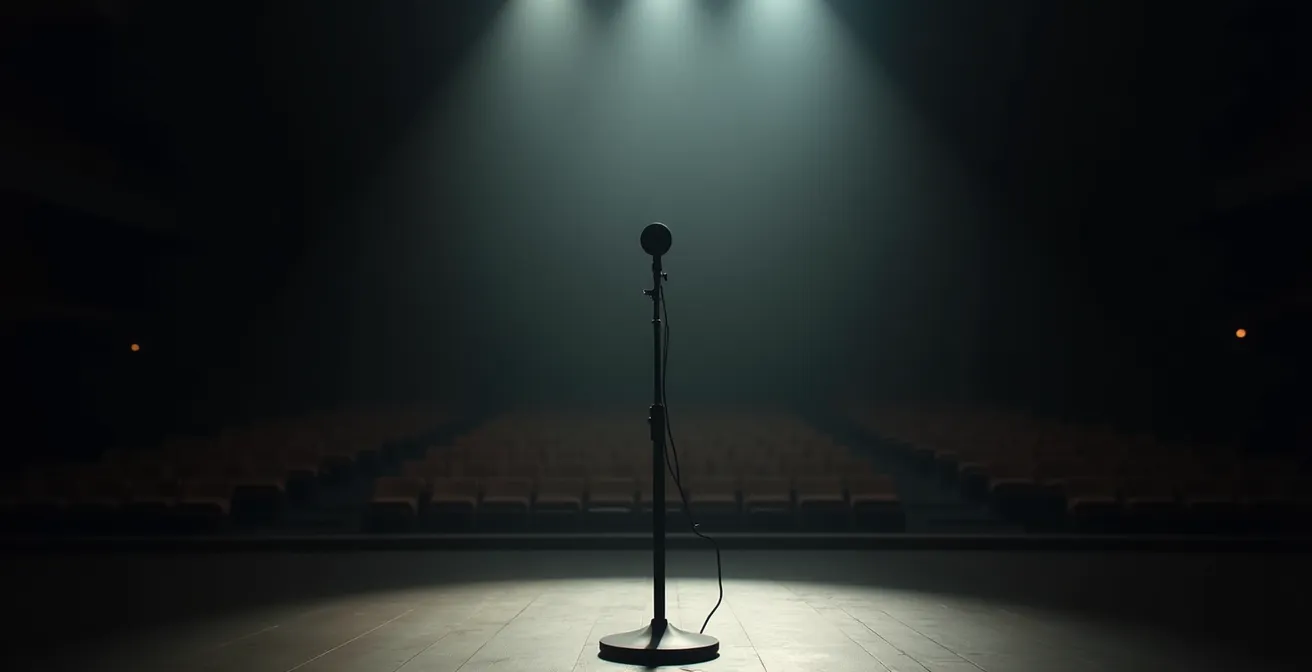 Scène vide avec un microphone solitaire sous un unique projecteur, atmosphère mélancolique
