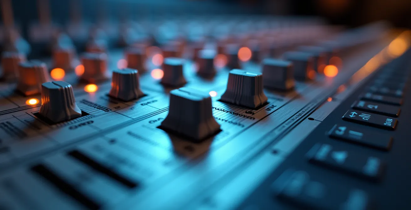 Vue macro détaillée d'une console de mixage professionnelle avec des boutons et faders créant des motifs géométriques
