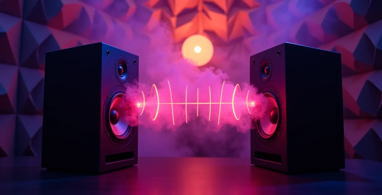 Vue latérale d'enceintes de monitoring avec ondes sonores visibles créant des vibrations dans l'air