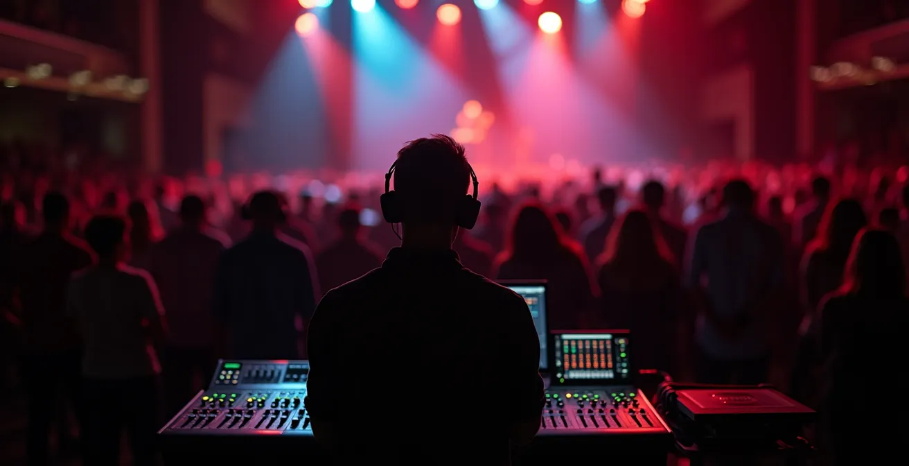 Vue depuis le centre de la salle de concert montrant la console de mixage et la position optimale d'écoute