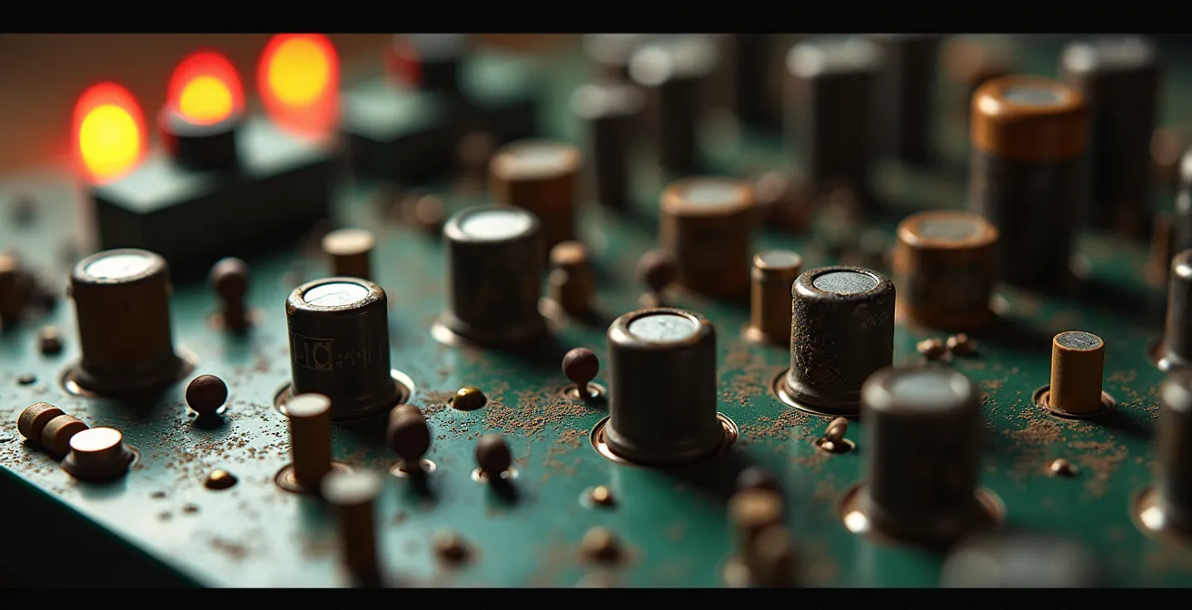 Vue macro des circuits et composants vieillis d'un synthétiseur vintage