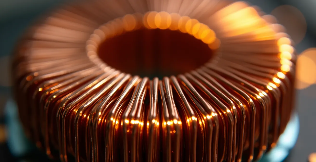 Détail macro d'un transformateur de sortie d'amplificateur à lampes avec ses bobinages visibles