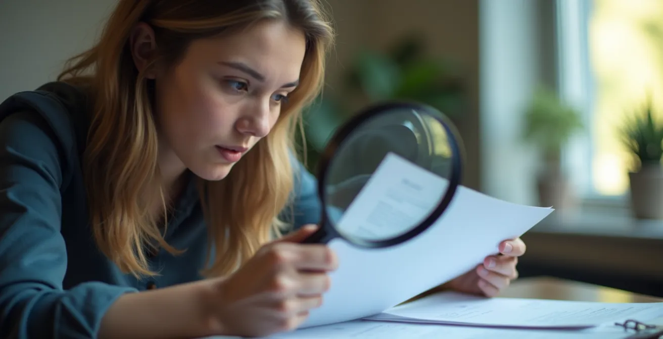 Personne concentrée vérifiant des documents avec une loupe dans un environnement professionnel