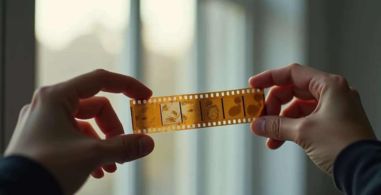 Mains tenant des pellicules de film où les images se transforment progressivement de nettes à floues