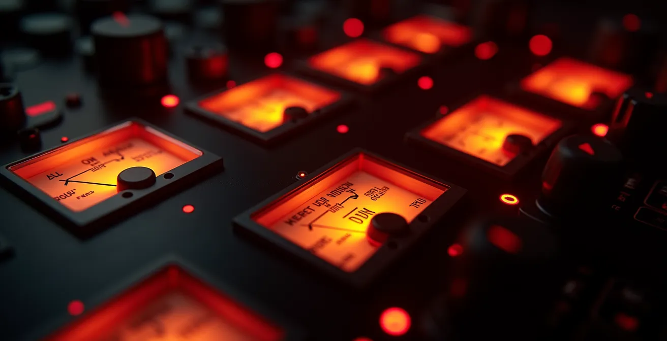 VU-mètres à aiguilles d'une console analogique montrant des niveaux dans le rouge avec éclairage dramatique
